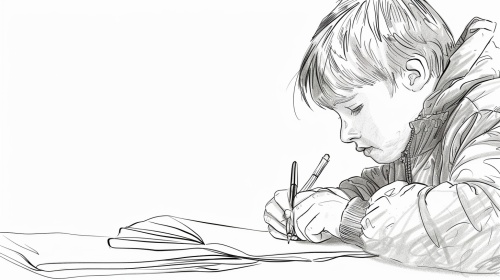 线稿图，小男孩写作业
