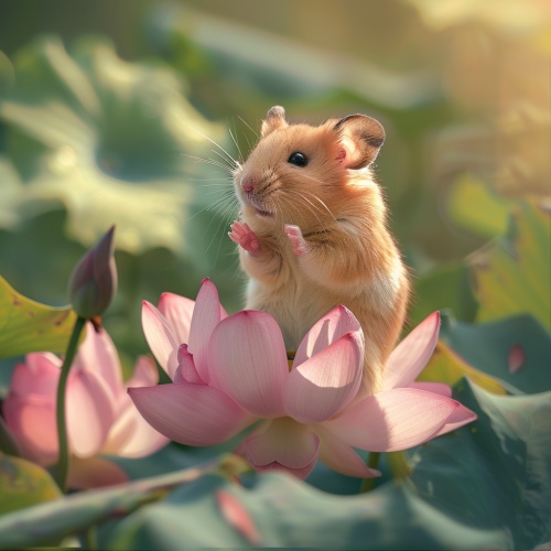 小巧玲珑的仓鼠，静静地盘腿坐在盛开的粉色莲花上，柔和的阳光洒在它软绒绒的毛发上，细腻的莲瓣在微风中轻轻摇曳，营造出一幅宁静祥和的画面。