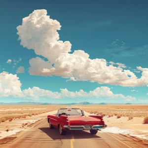 在无尽的沙漠中间，有一条公路延伸到天边，蓝天白云，公路上有一台红色的敞篷跑车，8K高清