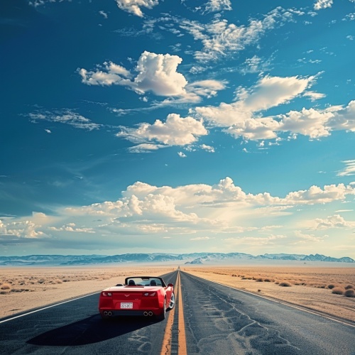 在无尽的沙漠中间，有一条公路延伸到天边，蓝天白云，公路上有一台红色的敞篷跑车，8K高清