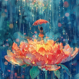 I A girl holding an umbrella stands on top of a flower, surrounded by raindrops. The petals have vibrant colors and shimmer in sunlight. A large peony blooms under her feet, with delicate details. This scene is depicted as a watercolor painting, showcasing colorful dots of light against a dark blue background. It exudes a dreamy atmosphere reminiscent of the style of Hayao Miyazaki's works