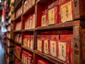 茶叶店内部陈列，用大红色的纸张成排写着茶叶的名字，贴在茶叶盒上。真实照片，徕卡镜头，精致细节，对比光线，轮廓光，细节纹理，复杂，4K高清