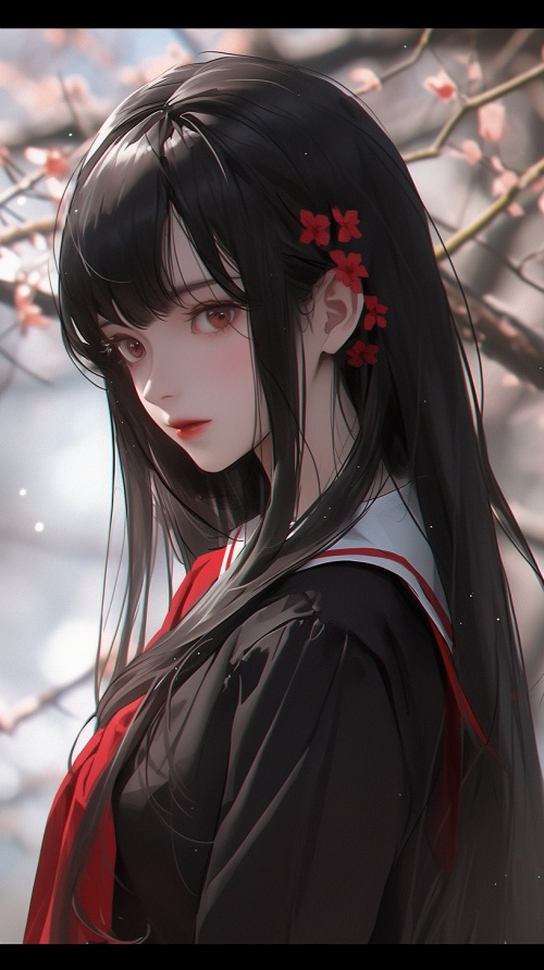 二次元，漂亮学姐，黑色的长头发，穿着水手服，在樱花树下，微笑着