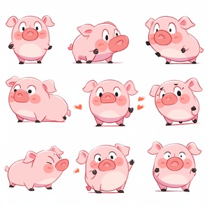 A cubby little pig, face close-up, expression close-up, full bodyPiggy expressions and movements, angry,sad, exaggerated movements, happy, vements, happy,arousSurprised, happy, etc., various emotions, white background, q version, Sticker art design, ultra-high000 definition, 8k, nine-square layout