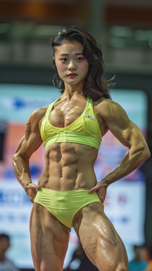 肌肉强大的亚洲美女，在健美大赛展示动作