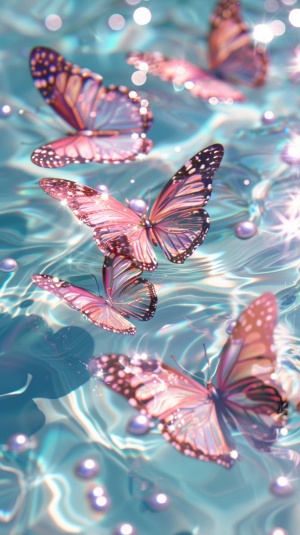多只透明蝴蝶在闪闪发光的水面上，以珍珠的浅蓝色为背景，在水中央创造出美丽的线条，阳光，斑点，反射粉色，光影，高清灵活，真实照片 LE 比例 9:16