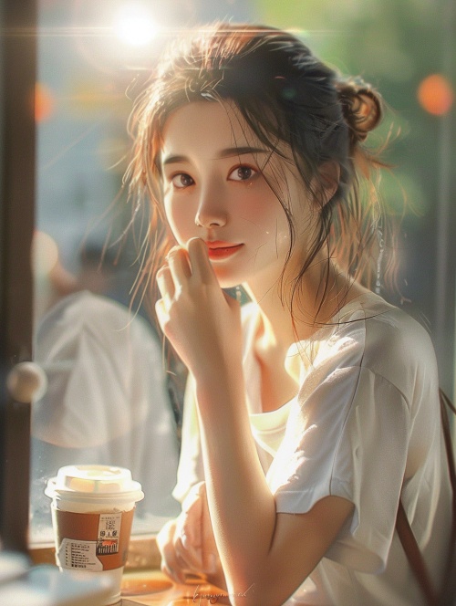 中国女孩，大眼睛，阳光透过窗户，温暖的照在女孩脸上，18岁少女喝着咖啡，享受午后的惬意，上身穿在白色体恤，背带裤，斜挎包，摄影写实效果
