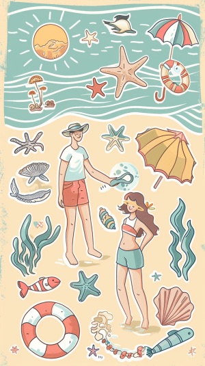 一组情侣夏日海边散步贴纸，大海，浪花，游泳圈，太阳，遮阳伞，沙滩，贝壳小鱼