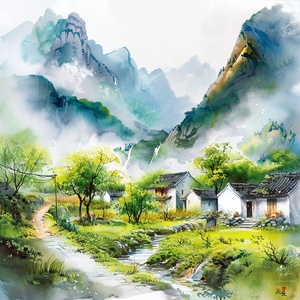 水彩画中国风格的河边小村庄风景画，背景是雾蒙蒙的山脉，白色的天空，道路两侧的绿草和树木，一条小溪流过村庄，瀑布从山边倾泻而下，宁静的气氛，传统的国际象棋风格的水墨艺术，柔和的粉彩，高分辨率，画面周围有一个白色的边界，印刷质量，画面中看不到文字或字母，高细节