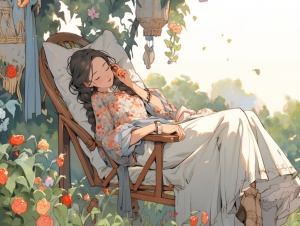 一个美丽的女人、椅子、夏天的院子、午睡、头上盖着一本书、阳光透过树叶洒在地面、远处传来鸟鸣声、院子里开着盛放的花朵、微风吹动女人的头发和裙摆。