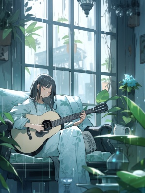 一个中国女生，绿植，小吉他，飘窗，客厅，下雨天