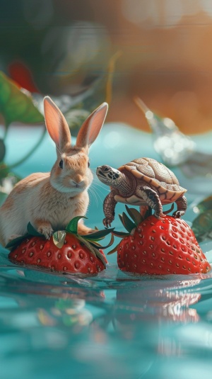 一只兔子和一只乌龟坐在一个草莓上面，漂浮在大海上