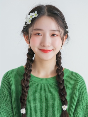 Chinese beauty, real person, long hair in two braids with white flowers on the head of each braid, wearing a green sweater and pearl earrings, smiling, light background, high definition photography, front facing photo, solid color knitted shirt in the style of light background, high definition photography.