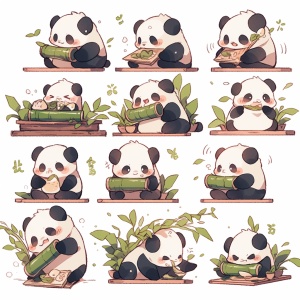 一个熊猫，很胖很矮，正在吃竹子，大眼睛
