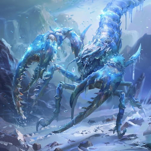 斗罗大陆的主题。一个冰碧帝皇蝎中等大小，是80万年魂兽。背景是极北之地，冰属性。全身是淡蓝色的