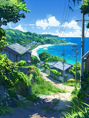 Kawaguchiko beach, view from theroad overlooking houses and greenery withblue sea in the background, anime art style, in the style of Hayao Miyazaki, Makoto Shinkai,Studio Ghibli, summer day, clear sky, sunny weather, beautiful, vibrant colors, colorful,highly detailed, high resolution, sharp focus,digital illustration, high quality