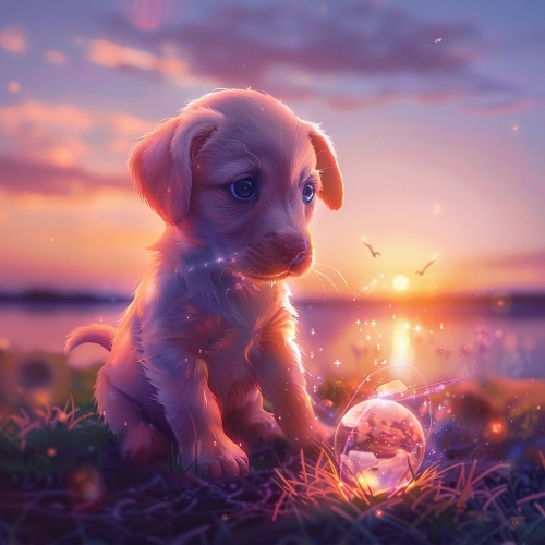 一只可爱的小狗，它的名字叫做"闪电",是一只罕见的粉色拉布拉多，全身闪烁着微微柔光。它的皮毛像是云朵中最温柔的霞光，每根纤维都蕴含着星辰的能量，在阳光下显得柔和又神秘。它有一对灵动的大眼睛，深蓝色如夜空中的满天繁星，闪烁着好奇心和探索的光芒。小闪电的尾巴是一道弯曲的彩虹色纽带，每当摇动时，就像一个小型烟花，为周围的空气留下一抹绚丽。此刻，它在公园的草坪上欢快地追逐一颗闪烁的透明水晶球，每个瞬间都展现出无尽的生机与快乐。画面背景是夕阳下波光粼粼的湖面，远处有飞鸟归巢，为这个温暖的画面增添了一丝温馨的家庭气息。