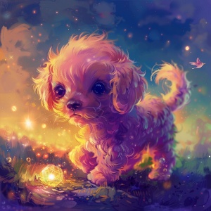 一只可爱的小狗，它的名字叫做"闪电",是一只罕见的粉色拉布拉多，全身闪烁着微微柔光。它的皮毛像是云朵中最温柔的霞光，每根纤维都蕴含着星辰的能量，在阳光下显得柔和又神秘。它有一对灵动的大眼睛，深蓝色如夜空中的满天繁星，闪烁着好奇心和探索的光芒。小闪电的尾巴是一道弯曲的彩虹色纽带，每当摇动时，就像一个小型烟花，为周围的空气留下一抹绚丽。此刻，它在公园的草坪上欢快地追逐一颗闪烁的透明水晶球，每个瞬间都展现出无尽的生机与快乐。画面背景是夕阳下波光粼粼的湖面，远处有飞鸟归巢，为这个温暖的画面增添了一丝温馨的家庭气息。