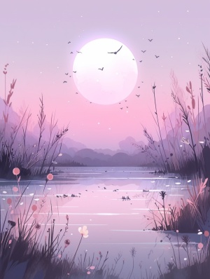 落日的余晖，给天空染上渐变的淡粉色和淡紫色，紫色的天空上，一轮明月高挂，归巢的鸟儿从明月上飞过，洁净的湖水里，倒映着星光点点，波光粼粼的水面上，被月光，蝴蝶映衬的更加绚丽多彩。冷色调，一切都是那么的梦幻
