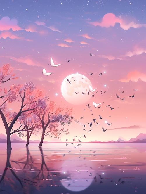 落日的余晖，给天空染上渐变的淡粉色和淡紫色，紫色的天空上，一轮明月高挂，归巢的鸟儿从明月上飞过，洁净的湖水里，倒映着星光点点，波光粼粼的水面上，被月光，蝴蝶映衬的更加绚丽多彩。冷色调，一切都是那么的梦幻