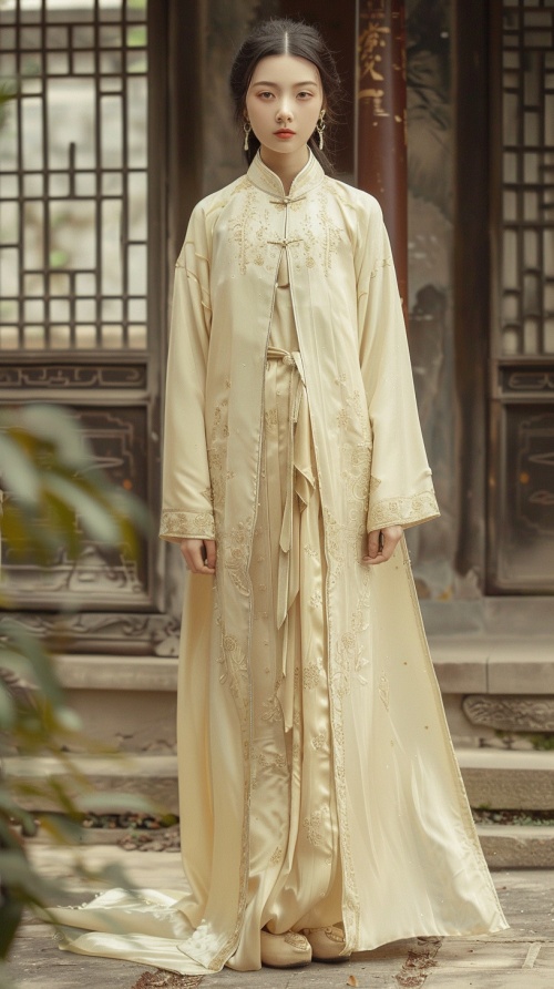 一个20岁的年轻亚洲美少女，穿着一件淡黄色刺绣，正面照，全身照，站在一座古香古色的江南风景楼旁