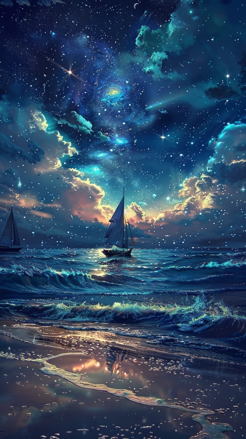 夜晚的天上有很多星星，大海上有星星的倒影，浪打在沙滩上，小船在海中漂。
