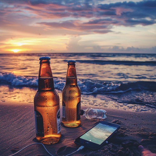 Instagram风格滤镜，一张手机照片显示，海滩上有两瓶啤酒，玻璃瓶，旁边是一部正在播放音乐的iPhone，照片展示了沙滩上的啤酒瓶和iPhone，风格随意的一张快照。
