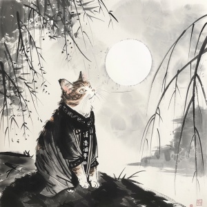 古风水墨画：猫仙人湖边写字
