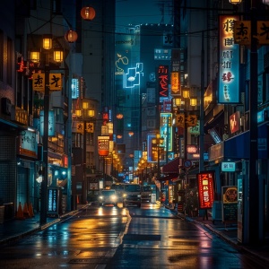 城市的街道被明亮的路灯和霓虹灯照亮，显得繁华而热闹。街道两旁是各式各样的商店和餐馆，街道上车辆穿梭