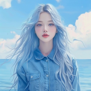 一个美丽的韩国女孩，浅蓝色渐变的长头发，蓝色牛仔衬衣，背景是海洋蓝天白云，白皙的皮肤和大蓝眼睛，一张高品质、逼真的全身肖像，半身像特写，采用Hsiao Ron Cheng的风格，采用淡蓝色柔和的色彩和空灵的美学。