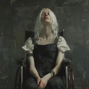 白发少女坐在轮椅上的高贵失明瞳，冰冷午后