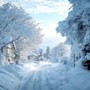 这是一个美丽的雪景，城市被大雪覆盖，道路两侧的房屋和树木被厚厚的雪覆盖，背景是浅蓝色，透视超现实，角度超宽，摄影明亮柔和，意境优美，16k高清，逼真光照2—亚2:3—亚2:4