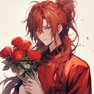 一个棕色长发的男孩 高马尾红色发带 红色国风汉服 脸红 害羞 抱着玫瑰花