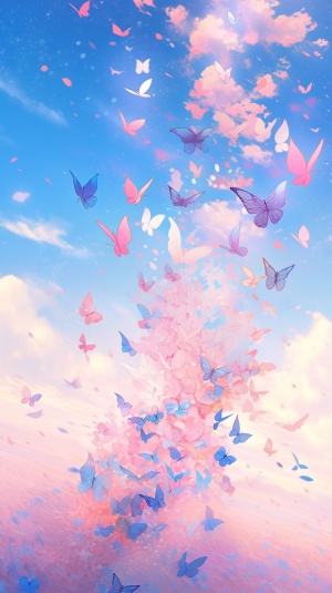 花瓣，蓝粉色，夏日，氛围感，唯美，纯背景图，蝴蝶飞舞，满屏金沙流动