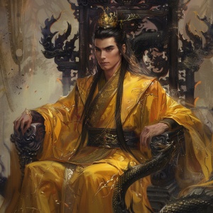 皇宫内，亚裔古代男中年，长黑发，戴皇冠，身穿黑色龙纹黄袍，坐在龙椅上，表情懊悔