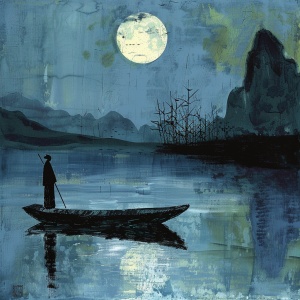 一个小舟上站着一个诗人，在平天湖上，湖里倒影这月影，风格要简约立体