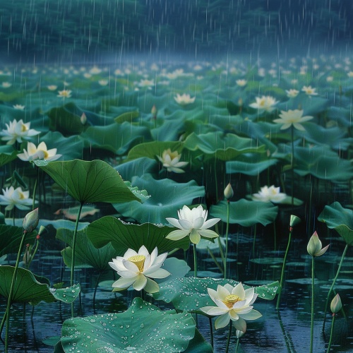 开满荷花的池塘，下雨了，近处有一朵白荷花。