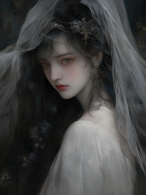 流动丝绸，中式恐怖，暗黑魔幻，Luis Royo，Anna Dittmann，璀璨星空为背景，前景纱幔，极薄透明纱幔飞舞，朦胧，少女感，洛可可，超现实梦境，暗黑魔幻，幻想一个绝美的透明的古风少女肖像身上开出地狱之花，透明色纱帘垂落遮面少女半边脸蛋，妩媚妖娆，美丽的眼睛，瞳孔追光，殷红唇色，冷白皮，少女感，被花朵围绕，极繁主义，大师级构图，高清画质