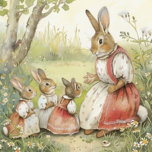 兔妈教导小兔子，三小兔乖乖坐着听