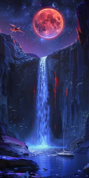 该图片描绘了一个充满想象力和超现实的夜空场景。瀑布从高耸的岩石峭壁上倾泻而下，瀑布和岩石被各种不同颜色和亮度的灯光照亮，创造出一种魔幻般的效果。瀑布周围有一圈较亮的光晕，而其下方的岩石则被柔和的蓝色和紫色灯光所包裹，营造出一种宁静与神秘的气氛。瀑布的上方是一轮巨大的红色满月，这使得整个画面呈现出一种温暖的色调。月亮周围有一些较小的蓝色星体，为画面增添了星空的背景。除了瀑布和岩石，还有几只鸟飞翔在瀑布附近，它们与瀑布一起成为了画面的焦点。在画面的右上角有一艘小船，它正向着瀑布驶去，为画面增添了一种冒险和探索的元素。整个画面构图均衡，瀑布、岩石、月亮、星体、鸟和船共同构成了一个和谐而充满活力的夜空场景。