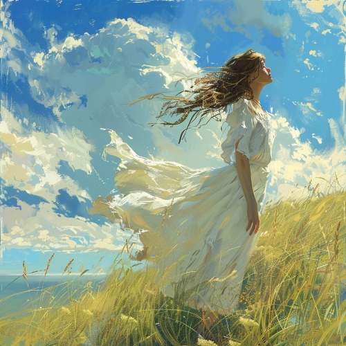 夏天 刮着风 广阔的草海里一个白裙女孩 听风 享受风