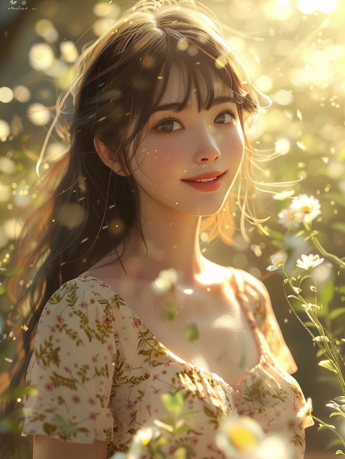 A cheerful and sweet woman, with a lovely oval face, a sunny aura, a smile, wearing a floral dress, bright sunlight, vivid light and shadow, delicate appearance, high-quality CG, movie-level picture quality, warm atmosphere, beautiful. Confidently looking towards the future, long hair, black eyes, expressive eyes, delicate nose, rosy lips, charming smile, front view, full-body portrait, high-quality CG, 8K resolution, clear and clean background.