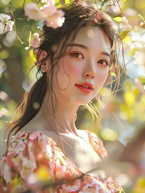 A cheerful and sweet woman, with a lovely oval face, a sunny aura, a smile, wearing a floral dress, bright sunlight, vivid light and shadow, delicate appearance, high-quality CG, movie-level picture quality, warm atmosphere, beautiful. Confidently looking towards the future, long hair, black eyes, expressive eyes, delicate nose, rosy lips, charming smile, front view, full-body portrait, high-quality CG, 8K resolution, clear and clean background.