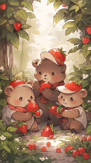 森林中，三只棕色的小熊抱着草莓