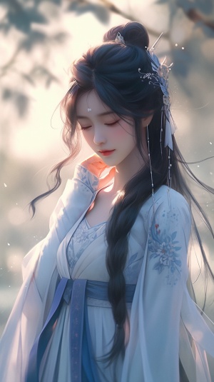 一个美丽的中国女孩，黑色的长发，穿着蓝白相间的汉服，裹着纱布，站在太阳下，闭着眼睛，脸上带着微笑。她打扮成古风身材，五官精致，在高画风的摄影中，全身照中。