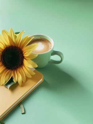 清新绿色背景下的阳光花香与咖啡诱惑