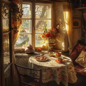 一张桌子，一间小屋，咖啡，装饰品