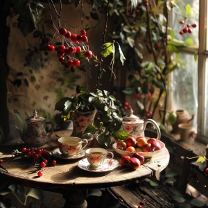 一张桌子，一间小屋，咖啡，装饰品