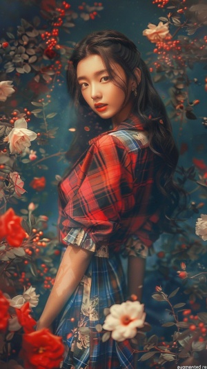 一个亚洲美女的全身照，穿着红色短袖上衣和蓝色格子百褶裙搭配高跟鞋站在花丛中，她的长发披在肩上，眉清目秀，笑容甜美，大眼睛，淡妆，丰满的嘴唇，苗条的身材，柔美的姿态，柔和的灯光风格，迷人的气氛。——基于“增大化现实”技术3:5