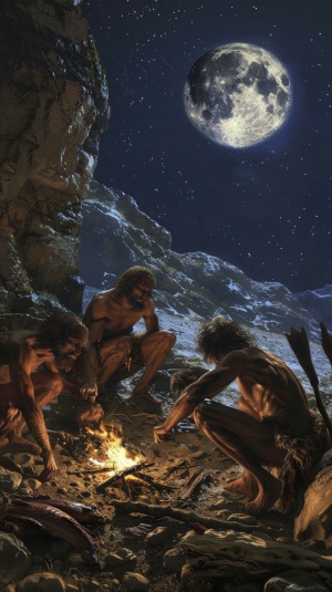 星空月夜，篝火通明，一群山顶洞人在篝火边用原始石制工具切割肉块，高清画质，大师杰作
